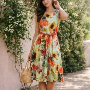 Anthropologie Eva Franco Floral Watercolor Sleeveless Fit Flare Belted Dress